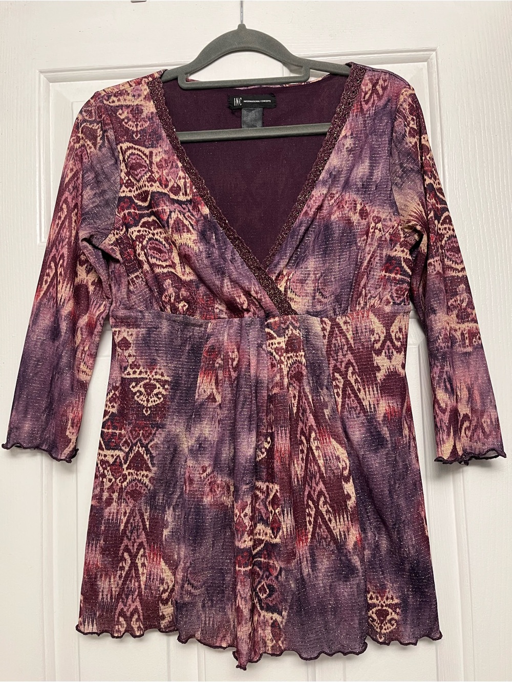 INC International Concepts Plum & Cream Patterned Wrap Blouse